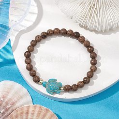 Tortue de plage d'été teinte turquoise synthétique et perles rondes en bois de wengé de 6.5mm&nbsp;BJEW-JB10515-01