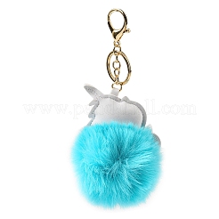 Porte-clés boule de fourrure de lapin imitation rex et pendentif licorne en cuir pu&nbsp;LS-KEYC-K018-01KCG-01