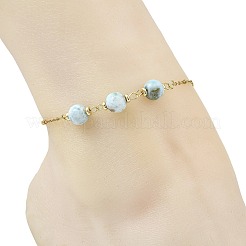 Cavigliere da donna con catena a satellite in acciaio inossidabile 304 e perline rotonde di larimar naturale.&nbsp;AJEW-AN00877