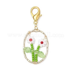 6 pezzo ovale con perline di vetro a forma di fiore e decorazioni pendenti in lega e lavorazione a lume&nbsp;HJEW-MZ00351