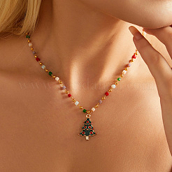Colliers de perles en résine colorée avec pendentif en alliage de Noël et en laiton émaillé rouge et vert pour femmes&nbsp;FS-WGF8F07-06