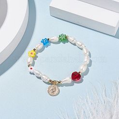 Stretch-Armband aus Naturperlen und Millefiori-Glasperlen mit Herz- und Münzanhänger für Damen&nbsp;BJEW-TA00060
