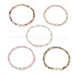 Pulseras elásticas de cuentas redondas de circonita cúbica y perla de concha para mujer&nbsp;BJEW-JB13280