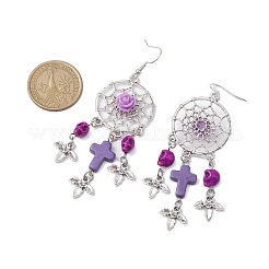 Toile/filet tissé avec boucles d'oreilles pendantes turquoise synthétiques croix et crâne&nbsp;EJEW-JE05865-02