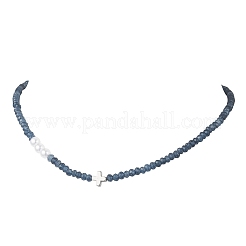 Collane di perline a croce in ottone e perle finte rotonde e sfaccettate in giada malese naturale tinta&nbsp;NJEW-JN05835