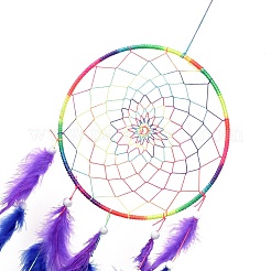Web/filet tissé en fer sur le thème des chakras avec des décorations de pendentifs en plumes&nbsp;LS-AJEW-B016-03