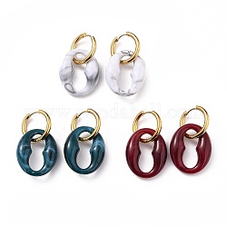 304 Stainless Steel Huggie Hoop Earrings, with Imitation Gemstone Style Acrylic Linking Rings, Oval, Golden, Mixed Color, 46.5mm, Pin: 1mm