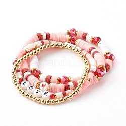 Ensembles de bracelets en perles extensibles, bracelets empilables, avec des perles heishi en pâte polymère, perles de verre et laiton, mot d'amour, or, rose, diamètre intérieur: 2~2-1/4 pouce (5~5.7 m), 4 pièces / kit
