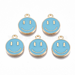 Alloy Enamel Charms, Cadmium Free & Lead Free, Smiling Face, Light Gold, Deep Sky Blue, 14.5x12x1.5mm, Hole: 1.5mm