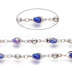 3.28 Feet Soldered Handmade Glass Beaded Chains, with Iron Oval Link, Long-Lasting Plated, Platinum, 13x6~6.5x4mm