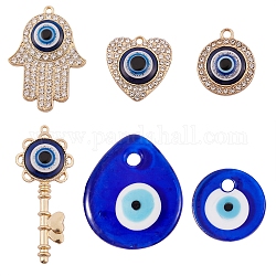 6Pcs 6 Style Evil Eye Pendants Kit for DIY Jewelry Making, Including Zinc Alloy Rhinestone & Lampwork & Glass Pendants, Light Gold, 20~70x18.5~38.5x5~7mm, 1pc/style