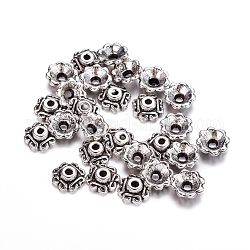 Tibetan Style Alloy Bead Caps, Lead Free and Cadmium Free, Flower, Antique Silver, 7x2.5mm, Hole: 1mm
