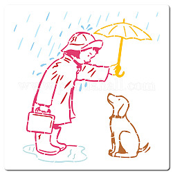 GORGECRAFT 30x30cm Rainy Day Stencil Large Banksy Template Woman and Dog Under Umbrella Pattern Reusable Drawing Crafts Stencil for Painting on Wood Wall Furniture Canvas Fabrics Home DIY Decoration