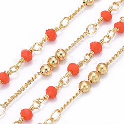 3.28 Feet Handmade Brass Curb Chains, with Faceted Glass Links, Brass Beads, Soldered, Long-Lasting Plated, Real 18K Gold Plated, Tomato, 1.7x1.3x0.4mm, Beads: 3.5x2.5~3mm and 3mm