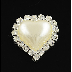 Brillant coeur flatback laiton abs plastique imitation cabochons de perles, avec cristal strass grade A, couleur argentée couleur métal plaqué, blanc crème, 23.5x21.5x6.5mm