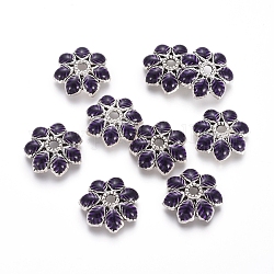 Legierung Perlenkappen, Blume, mit Emaille, 7-Blütenblatt, lila, Antik Silber Farbe, 15x3 mm, Bohrung: 2.5 mm