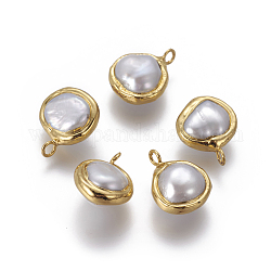 Colgantes naturales de perlas cultivadas de agua dulce, con fornituras de latón, pepitas, blanco, dorado, 17~18.5x13~15x8~9.5mm, agujero: 2.5 mm