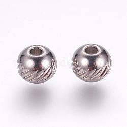 Perles en 304 acier inoxydable, rond avec sergé, couleur inoxydable, 6x5mm, Trou: 1.5mm
