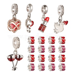 7 Style Alloy European Dangle Charms, with Crystal Rhinestone and Enamel, Large hole Pendants, Pigeon & Lipstick & Wine Glass & Heart Column, Mixed Color, 30pcs/box