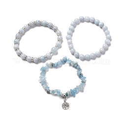 Ensemble de bracelet extensible en perles d'aigue-marine naturelle pour homme femme fille cadeau, bracelets à breloques en alliage de style tibétain arbre de vie, diamètre intérieur: 2-1/8 pouce (5.5 cm), perles: 2~10x4~10 mm, 3 pièces / kit