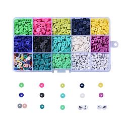 2470~2600 Pcs 13 Colors Heishi Beads Kits, Handmade Polymer Clay Flat Round/Disc Beads, with 140 Pcs Random Acrylic Letter Beads, Mixed Color, 6x1mm, Hole: 2mm