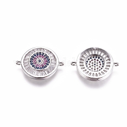 Brass Micro Pave Cubic Zirconia Links connectors, Flat Round with Evil Eye, Colorful, Platinum, 20x15x3mm, Hole: 1mm