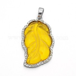Platinum Plated Alloy Acrylic with Middle East Rhinestone Big Leaf Pendants, Gold, 50x30x6mm, Hole: 9x6mm