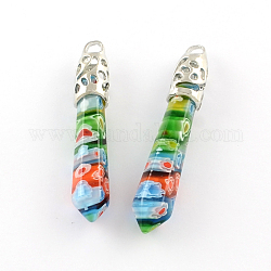 Millefiori Glass Big Pendants with Alloy Findings, Colorful, 60~70x11x11mm, Hole: 4mm