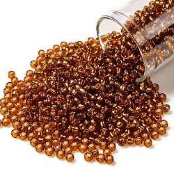 Toho perles de rocaille rondes, Perles de rocaille japonais, (2208) orange brûlée doublée d'argent, 8/0, 3mm, Trou: 1mm, à propos 222pcs / bouteille, 10 g / bouteille