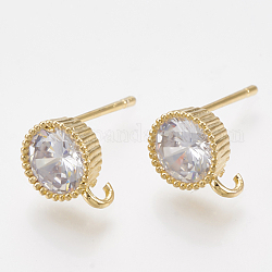 Brass Cubic Zirconia Stud Earring Findings, with Loop, Flat Round, Clear, Real 18K Gold Plated, 9.5x7mm, Hole: 1.4mm, Pin: 0.9mm