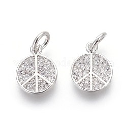 Brass Micro Pave Cubic Zirconia Charms, Lead Free & Cadmium Free, Clear, Peace Sign, Platinum, 11x9x2mm, Hole: 3mm