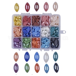15 Colors Pearlized Plated Handmade Porcelain Cabochons, Horse Eye, Mixed Color, 18x9x4.5mm, about 25pcs/color, about 375pcs/box