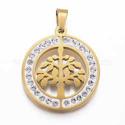 304 Stainless Steel Pendants, with Rhinestone, Flat Round with Tree of Life, Golden, 27x24.5x2.5mm, Hole: 4x6mm