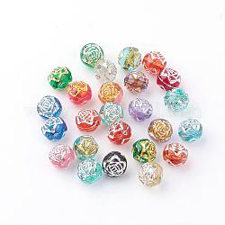 Plating Acrylic Beads, Metal Enlaced, Round with Flower, Mixed Color, 8mm, Hole: 1.5mm, about 1800pcs/500g