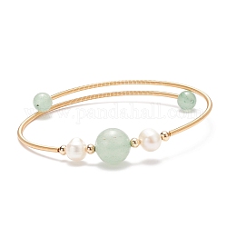 Braccialetto con perline tonde in avventurina verde naturale e perle, braccialetto di coppia in ottone per le donne, oro, diametro interno: 2-1/4 pollice (5.6 cm)