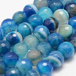 Faceted Natural Striped Agate/Banded Agate Beads Strands, Round, Dyed & Heated, Light Blue, 8mm, Hole: 1mm, about 46~48pcs/strand, 14.25~14.96 inch(36~38cm)