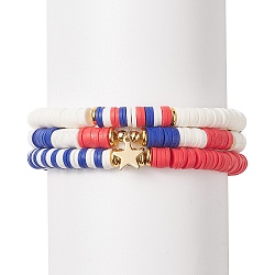 3Pcs 3 Style Independence Day Polymer Clay Heishi Surfer Stretch Bracelets Set, 304 Stainless Steel Star Charms Preppy Bracelets for Women, Mixed Color, Inner Diameter: 2-3/8 inch(6cm), 1Pc/style