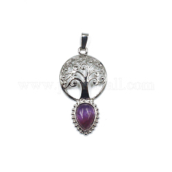 Natural Amethyst Teardrop Pendants, Tree of Life Charms with Platinum Plated Metal Findings, 49x26mm