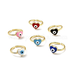 Enamel Heart with Evil Eye Open Cuff Ring, Gold Plated Brass Jewelry for Women, Cadmium Free & Lead Free, Mixed Color, US Size 7(17.3mm)