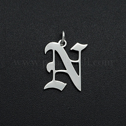 304 Stainless Steel Pendants, with Jump Ring, Old English, Letter, Laser Cut, Stainless Steel Color, Letter.N, 15.5x13x1mm, Hole: 3mm