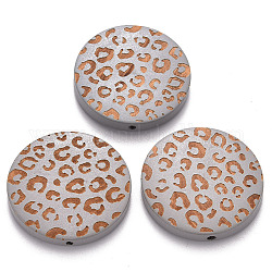 Perle di legno naturale verniciate, motivo inciso al laser, piatta e rotonda con stampa leopardo, colore argento placcato, 30x5mm, Foro: 1.6 mm