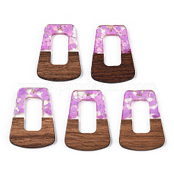 Transparent Resin & Walnut Wood Pendants, Trapezoid Charms with Heart Paillettes, Violet, 38x27x3mm, Hole: 2mm