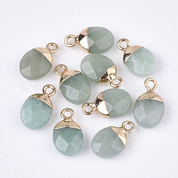 Electroplate Natural Green Aventurine Charms, with Iron Findings, Faceted, Oval, Golden, 14~15x8x5~5.5mm, Hole: 1.8mm