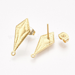 304 Stainless Steel Stud Earring Findings, with Loop and Ear Nuts/Earring Backs, Cone, Golden, 21.5x9mm, Hole: 1.2mm, Pin: 0.7mm