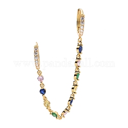 Colorful Cubic Zirconia Dangle Chains Double Hoop Earrings, Rack Plating Brass Jewelry for Women, Cadmium Free & Lead Free, Real 18K Gold Plated, 94mm, Pin: 1mm