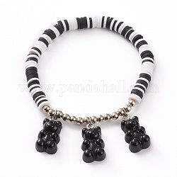 Polymerton Heishi Perlen Stretch Charm Armbänder, mit platinierten runden Eisenperlen und Bärenanhängern aus Harz, Schwarz, Innendurchmesser: 2-1/8 Zoll (5.5 cm)