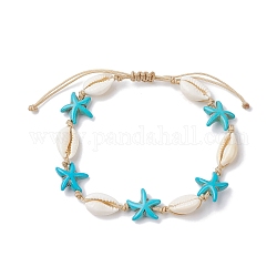 Bracelets de cheville en coquillages naturels et perles synthétiques tressées turquoise, étoiles de mer, diamètre intérieur: 1-7/8~3 pouce (4.7~7.5 cm), étoiles de mer: 14~15x14~15mm