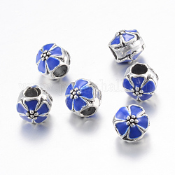 Legierung Schmelz europäischen Perlen, Großloch perlen, Unterlegscheibe mit Blume, Antik Silber Farbe, Blau, 9.5x9 mm, Bohrung: 4~4.5 mm