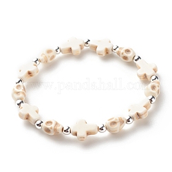 Bracelet extensible en perles de turquoise synthétique (teint) avec croix et tête de mort, bijoux de pierres précieuses d'halloween pour les enfants, blanc, diamètre intérieur: 1-7/8 pouce (4.8 cm)