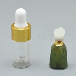 Граненые натуральные пренитные открывающиеся подвески флакон духов, с латунными находками и стеклянными бутылками с эфирным маслом, 30~40x14~18x11~14 мм, отверстие : 0.8 мм, Емкость стеклянной бутылки: 3 мл (0.101 жидких унции), Емкость драгоценного камня: 1 мл (0.03 жидких унции)